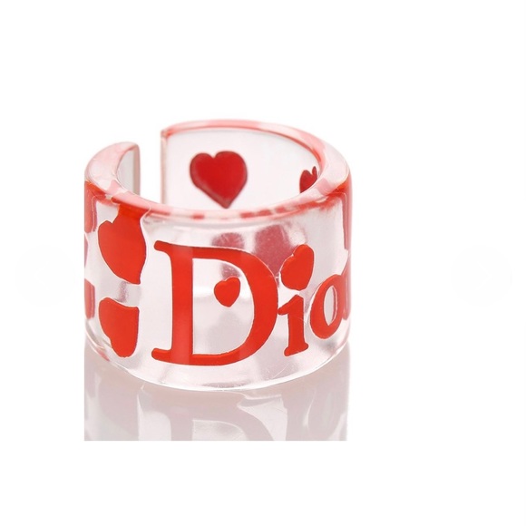 DIOR Lucite Ring Clear Red Hearts Acrylic w Tag & Pouch New Girly - Picture 6 of 12